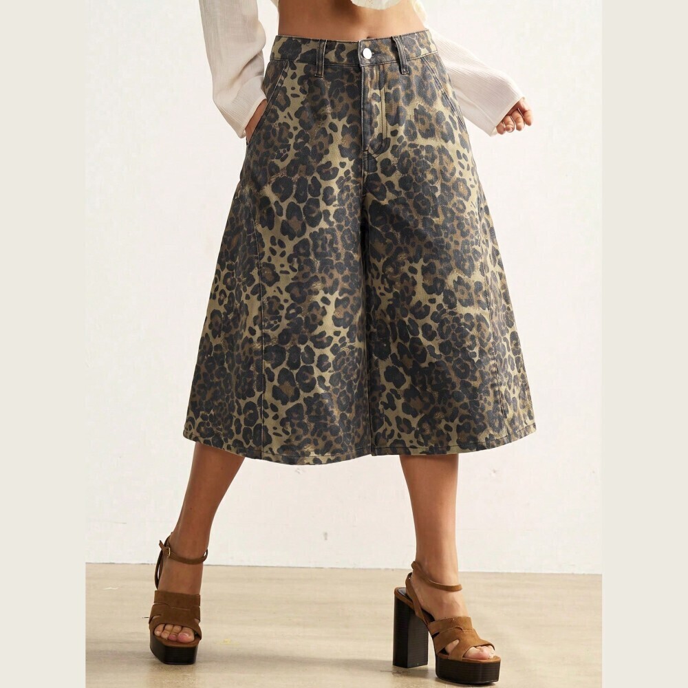 Brown Leopard Print Wide Leg Denim Capri Oversized Bermuda Shorts